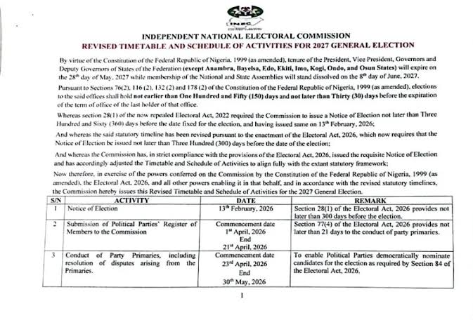INEC Releases Revised 2027 Elections Timetable, Presidential Poll To Hold Jan 16